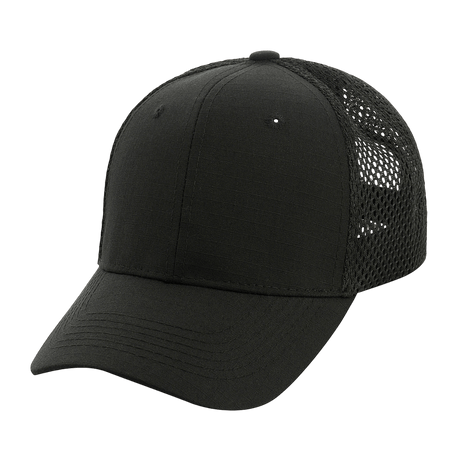 M-Tac Mesh Flex Ripstop Baseball Cap i sort med mesh-paneler for ventilation og justerbar Velcro-strop, ideel til udendørs brug.