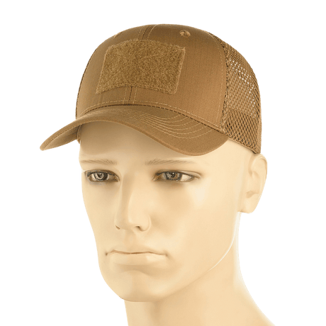 M-Tac Mesh Flex Ripstop Baseball Cap med Velcro på mannequin, ideel til ventilation og komfort i taktisk brug, set forfra.