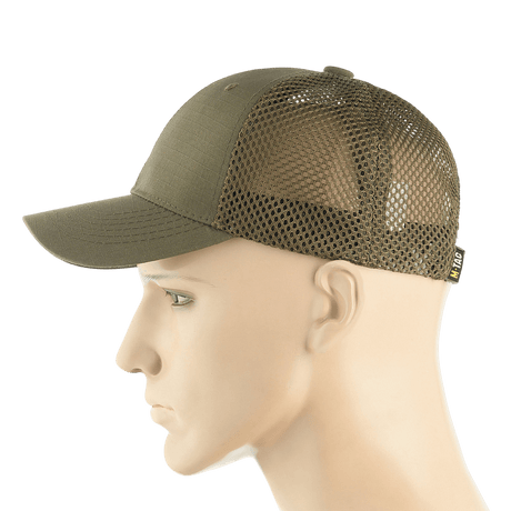 M-Tac Mesh Flex Ripstop Baseball Cap i olivengrøn med åndbare mesh-paneler set fra siden, ideel til udendørs brug og maksimal komfort.