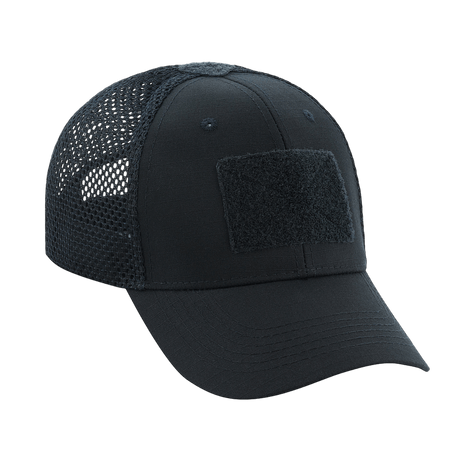 M-Tac Mesh Flex Ripstop Baseball Cap med Velcro i sort med mesh-paneler og justerbar pasform, perfekt til sommer og taktisk brug.