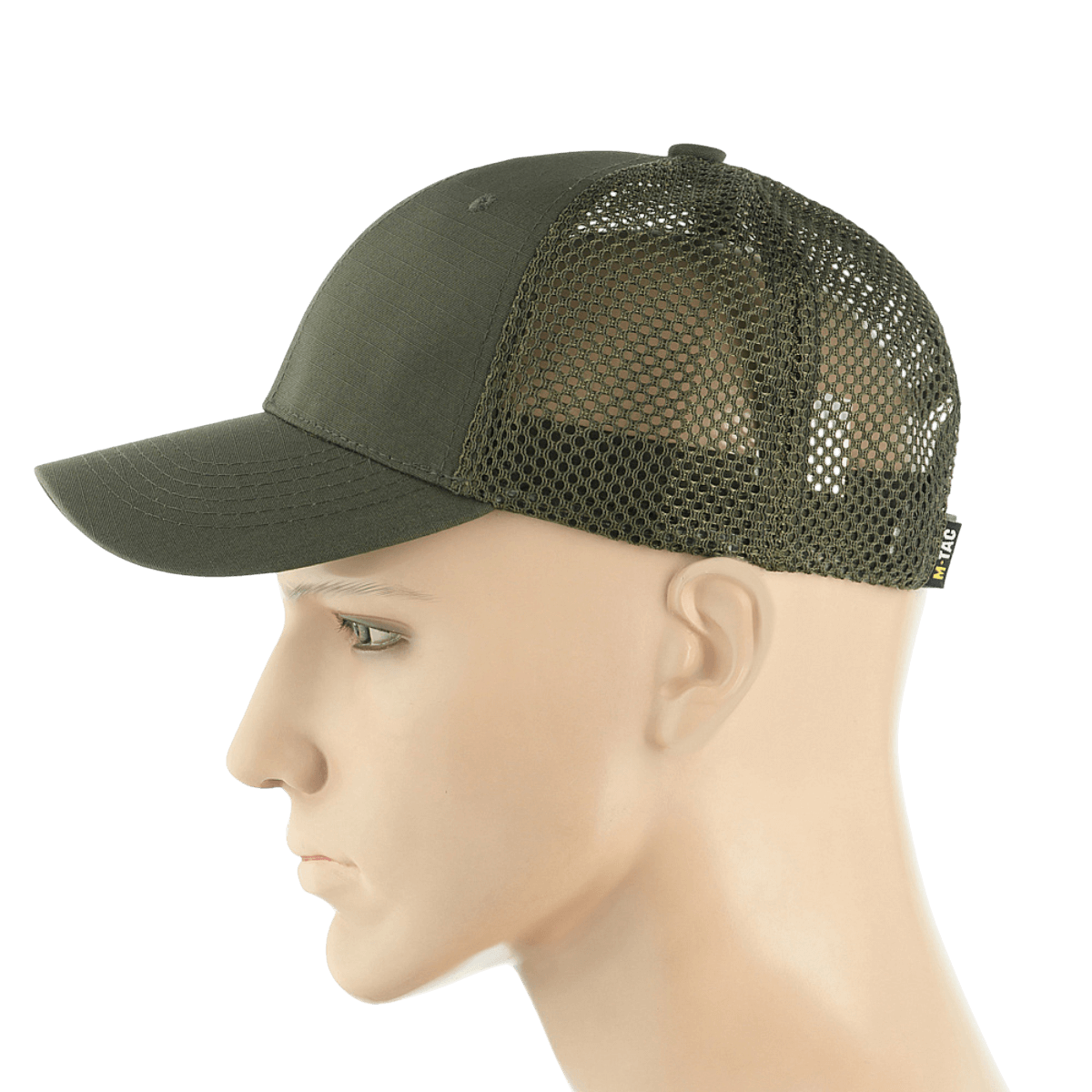 M-Tac Mesh Flex Ripstop Baseball Cap i grøn farve med mesh paneler for ventilation og justerbar Velcro-strop til udendørs brug.