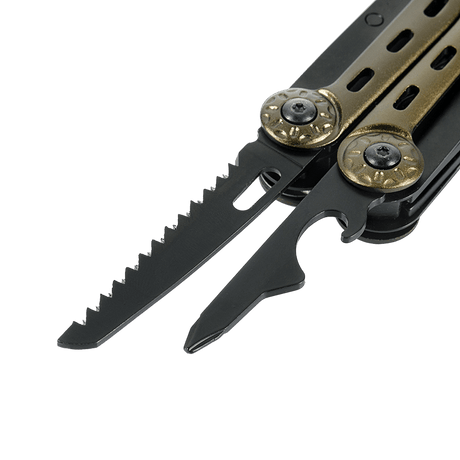 M-Tac Multiværktøj Type 5 med udtrukne værktøjer, ideelt til fisketure, vandreture og udendørsaktiviteter, lavet af 402 rustfrit stål.