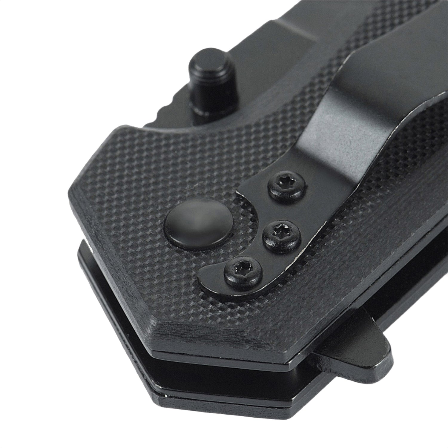 Detalje af M-Tac Outdoor & Militær foldekniv - Type 5 med aluminiumshåndtag og skridsikre G10-kompositgrebsflader.