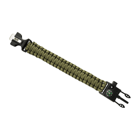 M-Tac Paracord Armbånd med Ildstarter, Kompas og Fløjte i grøn farve, velegnet til overlevelse og outdoor eventyr.