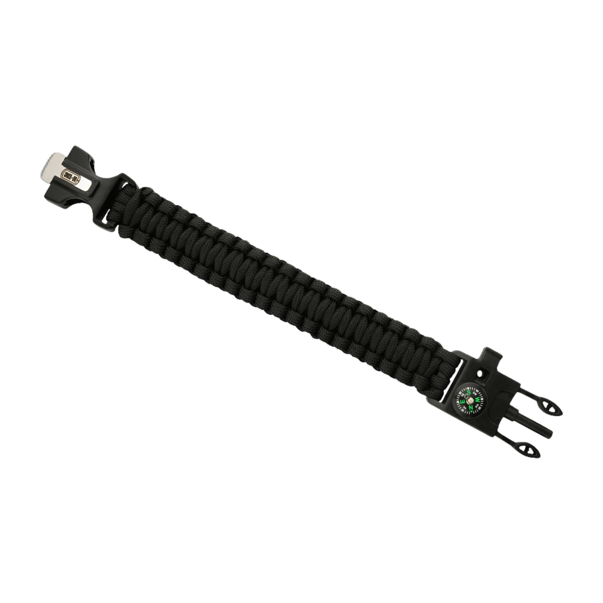 M-Tac Paracord Armbånd med Ildstarter, Kompas og Fløjte til ekstrem friluftsliv, sort paracordarmbånd med ekstra funktioner.