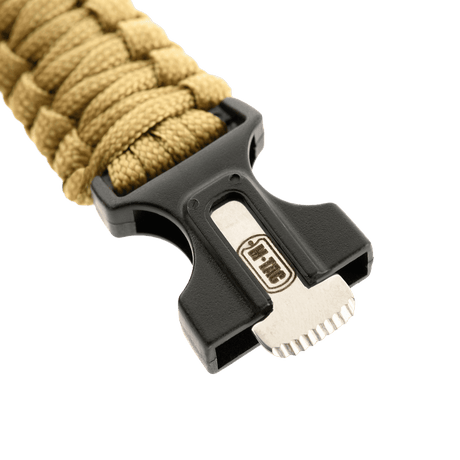 M-Tac Paracord Armbånd med Ildstarter, Kompas og Fløjte, beige farvet reb og spænde, detaljeret visning