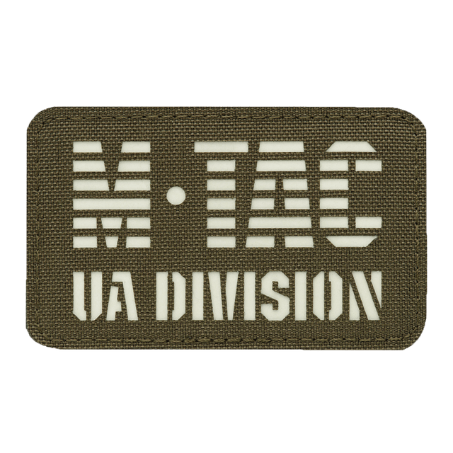 M-Tac Patch UA Division Laser Cut i holdbart Cordura 500D med selvlysende materiale og velcro, ideel til militær og taktisk udstyr.