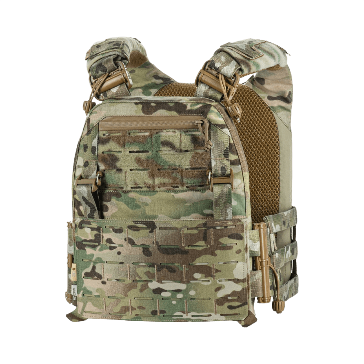 M-Tac Plate Carrier Cuirass FAST Elite Gen.II i camouflagemønster, designet til ESAPI Medium plader, med hurtiglåse og justerbare stropper.