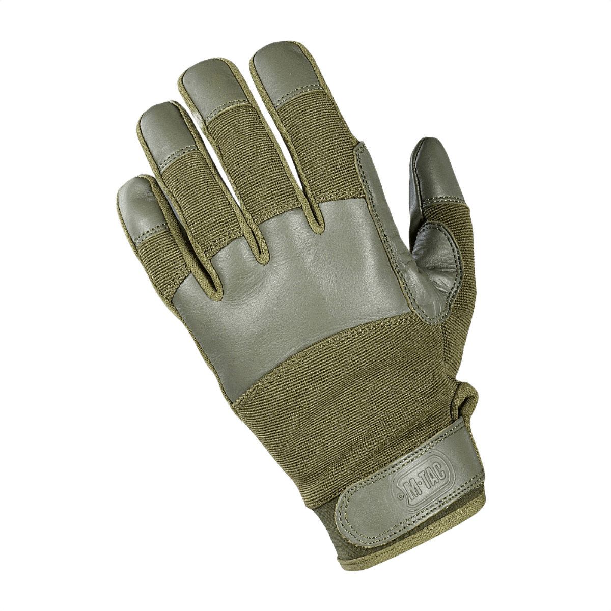 Grøn M-Tac Handsker Police Gen.2 i læder og syntetisk materiale med Velcro-lukning, designet til taktisk brug og sikkerhed.