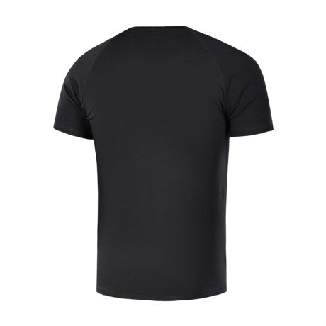 M-Tac Raglan T-Shirt 93/7, sort, set bagfra, 93% bomuld, 7% elastan, åndbar med raglanærmer, giver bevægelsesfrihed og komfort.