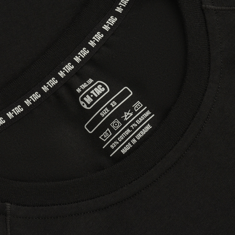 M-Tac Raglan T-Shirt 93/7, sort, 93% bomuld, 7% elastan, XS, detaljeret kraveetiket, lavet i Ukraine