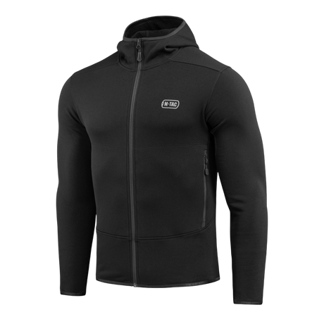 Sort M-Tac Shadow Polartec Fleece Sweatshirt med lav profil hætte og fuld lynlås, fremstillet af Power Stretch Pro fleece.