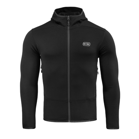 M-Tac Shadow Polartec Fleece Sweatshirt i sort med hætte fremstillet af Power Stretch Pro fleece, designet til funktionalitet og holdbarhed.