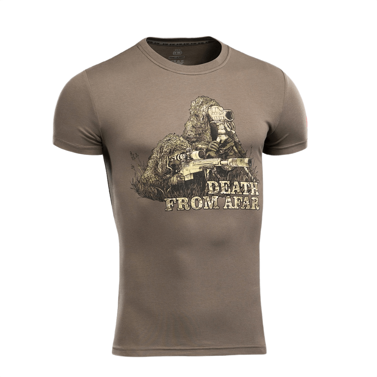 M-Tac Sniper T-shirt med "Death From Afar" print, 93% bomuld og 7% elastan, perfekt til hverdagsbrug og udendørs aktiviteter.