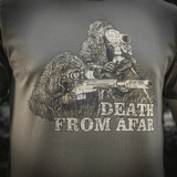 M-Tac Sniper T-shirt med "Death From Afar" print, ideel til militært brug, lavet af holdbart 93% bomuld og 7% elastan for komfort.