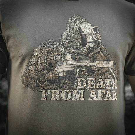 M-Tac Sniper T-shirt med "Death From Afar" print, ideel til militært brug, lavet af holdbart 93% bomuld og 7% elastan for komfort.