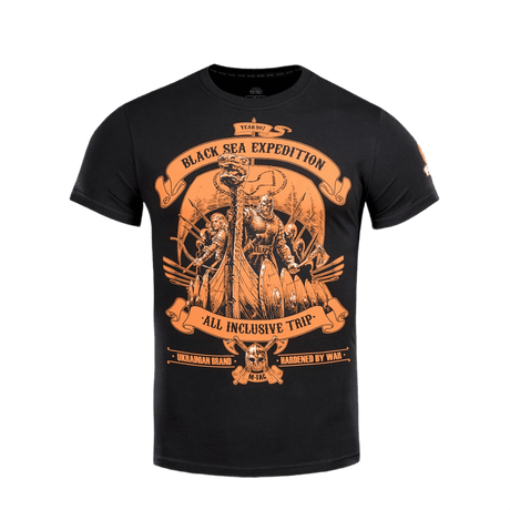 M-Tac T-shirt Black Sea Expedition i sort med eventyrtryk, lavet af 93% bomuld og 7% elastan, ideel til udendørs aktiviteter.