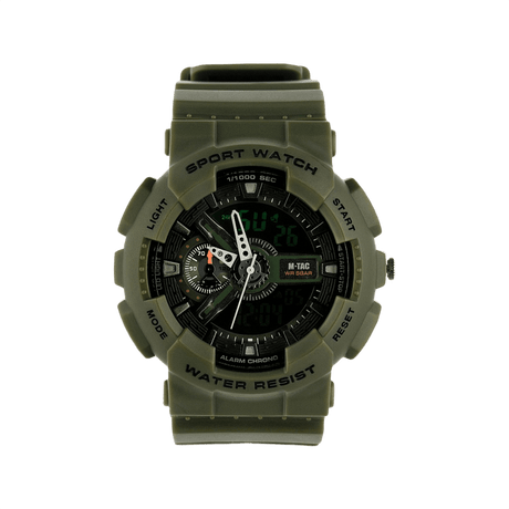 M‑Tac Sport Ur i robust polycarbonat med sort silikonerem, stopur, alarm, LED-baggrundsbelysning og vandafvisende funktionalitet.