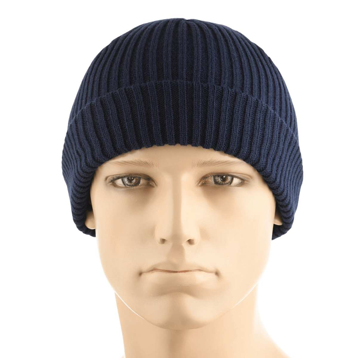 M-Tac Watch Cap 100% Akryl i marineblå, strikket hue til koldt vejr, lav profil og dobbelt opslag for ekstra varme. Industristrik akryl materiale.