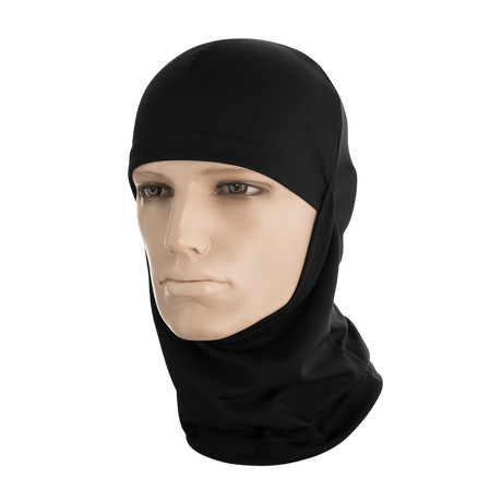 M-Tac Sweating Ninja-Balaclava i sort, beskytter mod støv og fugt, ideel til udendørs aktiviteter, fremstillet af 100% polyester, produceret i Ukraine.