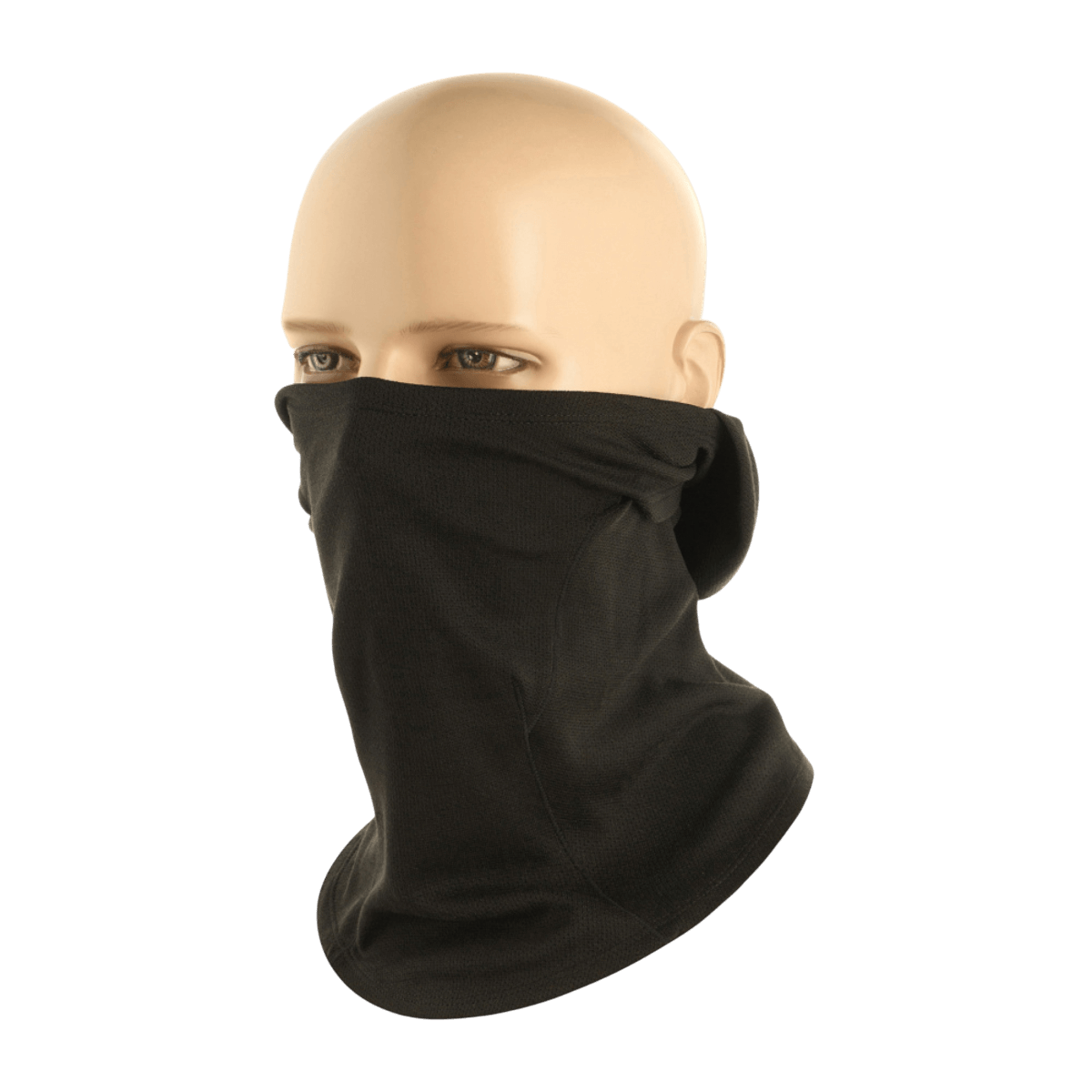M-Tac Sweater-Ninja-Balaclava Premium i sort på mannequin-hoved, fremstillet af Polartec® Power Dry, ideel til beskyttelse og komfort.