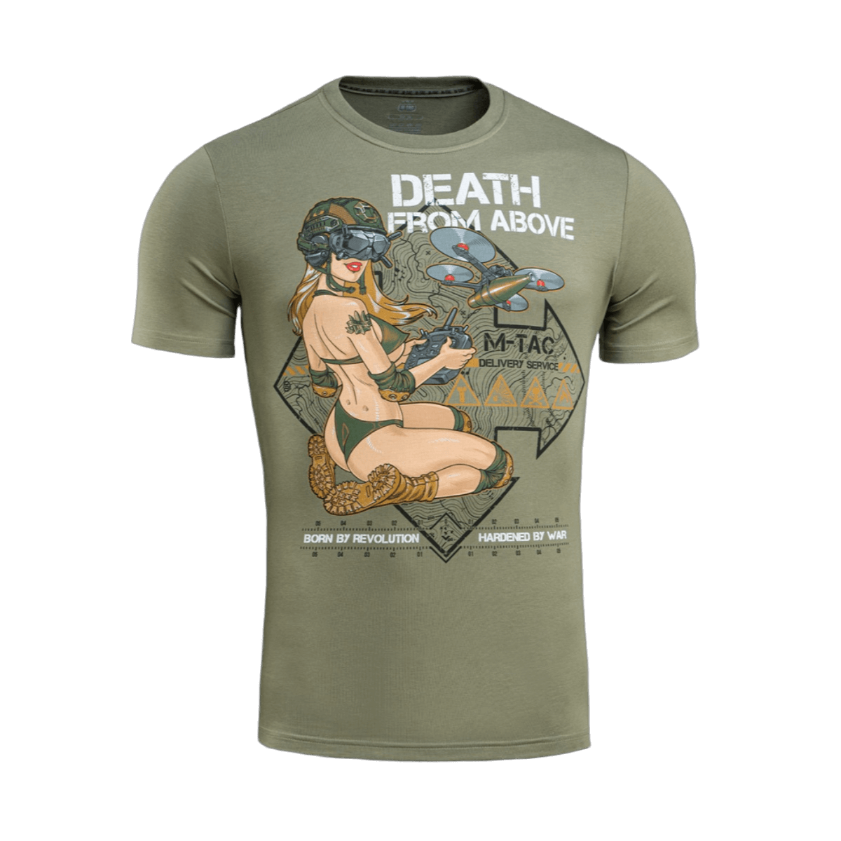 M-Tac T-Shirt Delivery Service med Pin-Up-design og "Death from Above" tekst, inspireret af Anden Verdenskrigs amerikanske kultur.