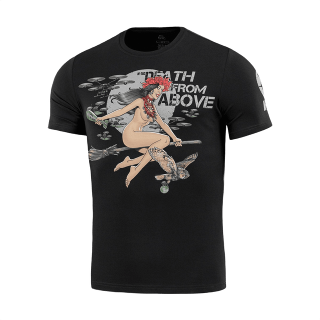 M-Tac T-Shirt Death From Above med hekseprint, droner og ugle, kombinerer folklore og militært tema, bomuld og elastan.