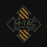 M-Tac T-Shirt Delivery Service logo med pilmotiv, trykt på sort baggrund.