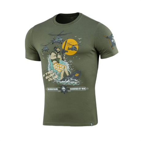 M-Tac T-Shirt Surf Club - grøn t-shirt med surfende soldat og helikoptere, inspireret af krigsfilm og specialoperationer, premium print