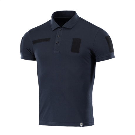 M-Tac Tactical Polo Shirt 65/35 i marineblå med velcro-paneler, designet til politi og sikkerhedsarbejde for komfort og holdbarhed.