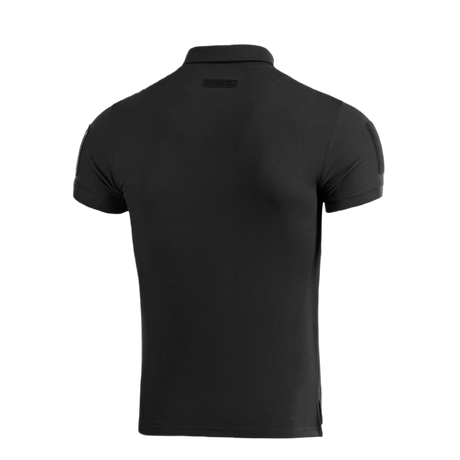 M-Tac Tactical Polo Shirt 65/35 i sort, bagside, designet til politi og sikkerhedspersonale med velcro-paneler til patches.
