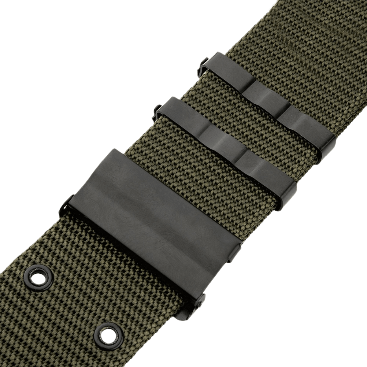 Nærbillede af M-Tac Pistolbælte i grøn nylon med plastikspænde, inspireret af amerikansk BSS/A.L.I.C.E.-system. Taktisk og holdbart design.