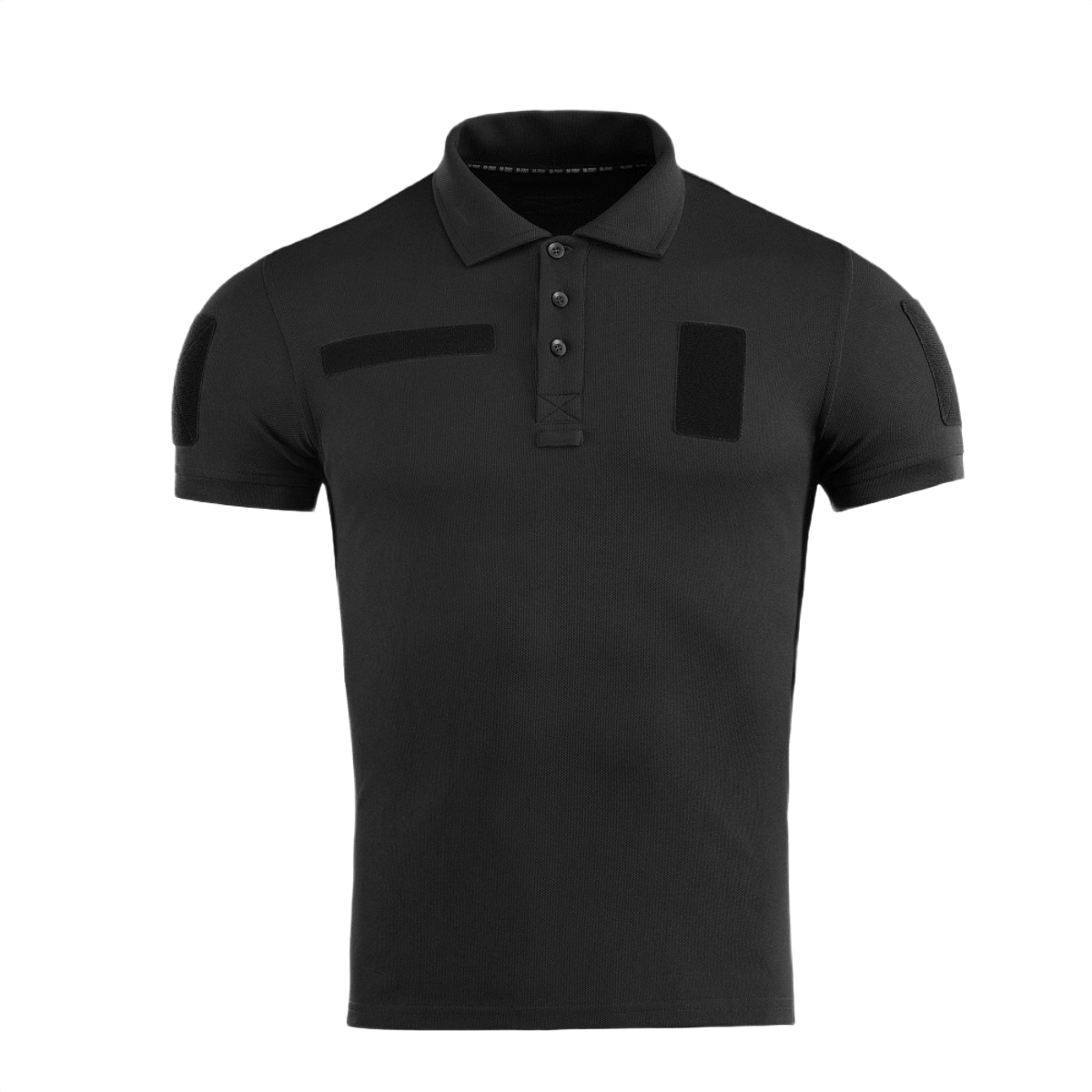 M-Tac Tactical Polo Shirt 65/35 i sort med velcro-paneler. Perfekt til politi og sikkerhedsarbejde med komfort og holdbarhed.