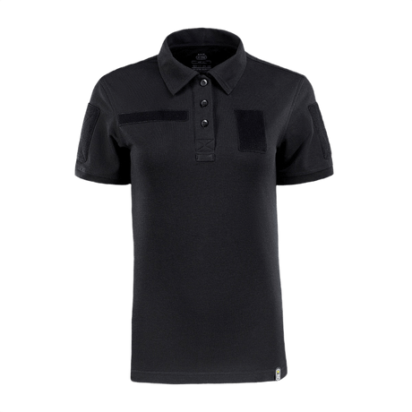 M-Tac Tactical Polo-Shirt 65/35 Lady i sort med Velcro på ærmer, bryst og ryg til fastgørelse af mærker, lavet af bomuld-polyester.