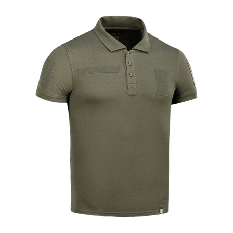 M-Tac Tactical Polo Shirt 65/35 i olivengrøn med velcro-paneler, perfekt til politiets og sikkerhedspersonales uniformer, lavet af 65% bomuld, 35% polyester.