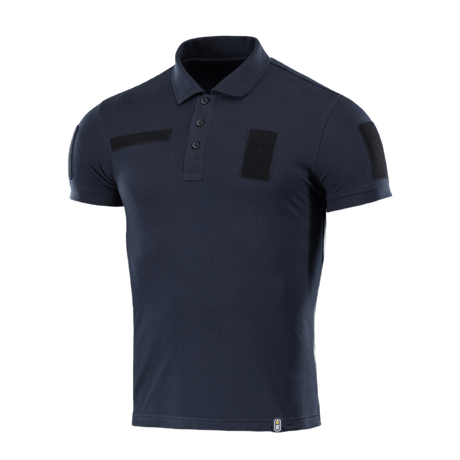 M-Tac Tactical Polo Shirt 65/35 i marineblå med velcro-paneler, designet til politi og sikkerhedsarbejde for komfort og holdbarhed.