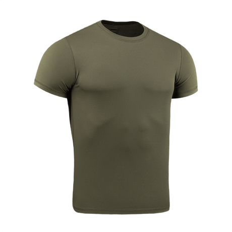 M-Tac Tactical Sweat-Wicking T-Shirt Summer i olivenfarve, 100% polyester, ideel til varme sæsoner, svedtransporterende og hurtigtørrende materiale.