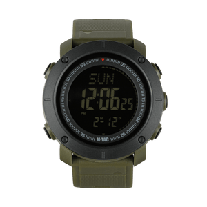 M-Tac Tactical Ur med Kompas 2095 i olivengrøn med digital display og funktionsknapper, ideel til udendørs eventyr i naturen