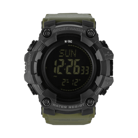 M-Tac Tactical Ur 2037 med LED-baggrundsbelysning, kompas og robust design i ABS-plast, ideel til taktisk og outdoor brug, vandtæt 5ATM.