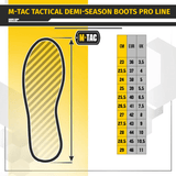 Størrelsesoversigt for M-Tac Taktiske Demi-Season Støvler Pro Line i cm, EUR og UK størrelser, med Vibram-sål illustration.