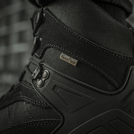 M-Tac Taktiske Demi-Season Støvler Pro Line i close-up, viser detaljer med slidstærkt suede og Cordura-materiale, perfekt til taktiske opgaver.