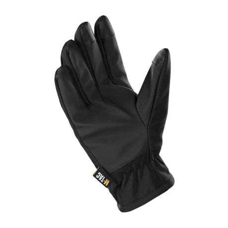M-Tac Handsker Soft Shell Thinsulate i sort, designet til køligt vejr med læderforstærkning og touchscreen-kompatibilitet.