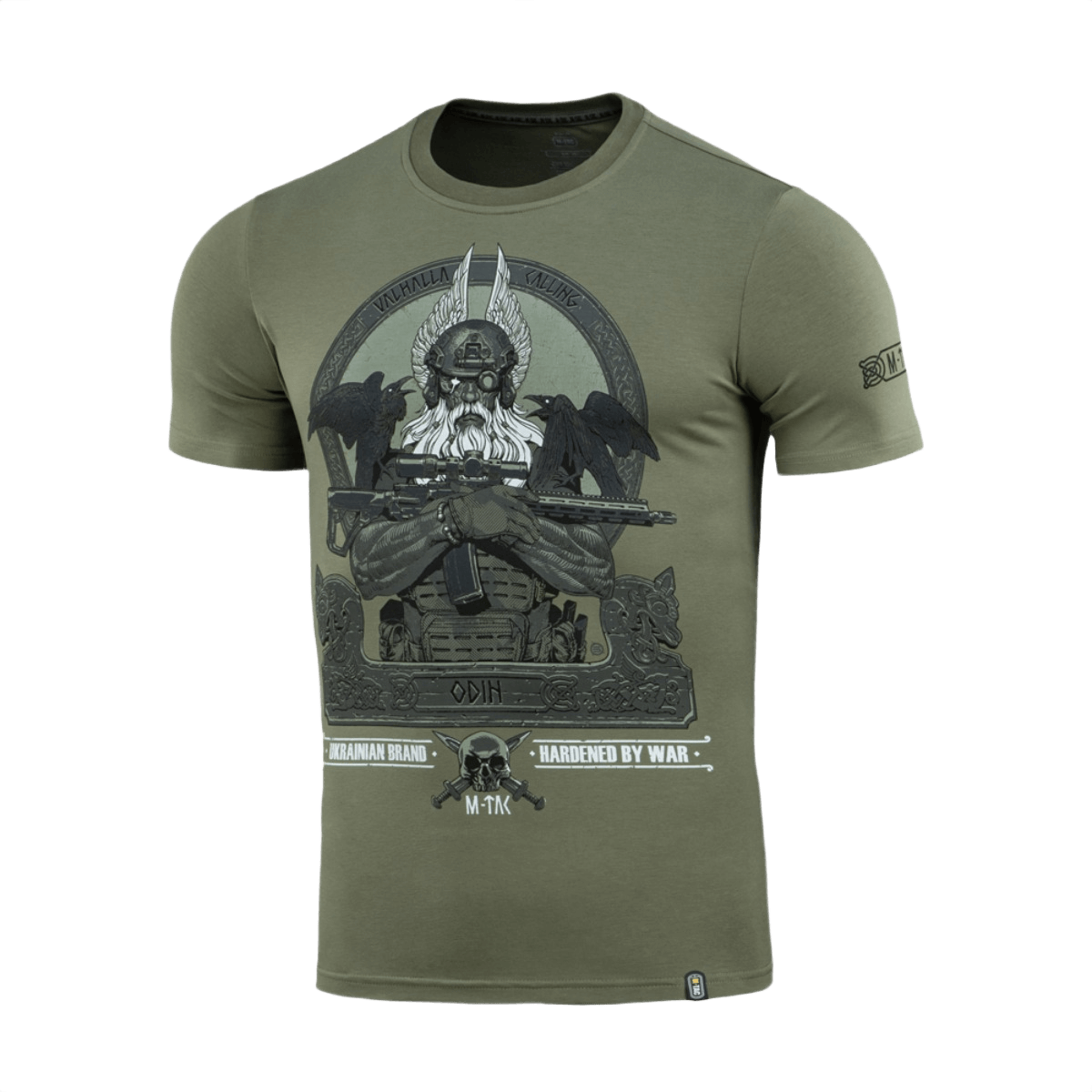 M-Tac T-Shirt Odin med nordisk print og Valhalla tema på olivengrøn bomuldsblanding.