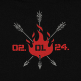 M-Tac T-Shirt Phoenix med flammer, krydsede pile og datoen 02.01.24, symboliserer genfødsel og styrke, design på ryggen.