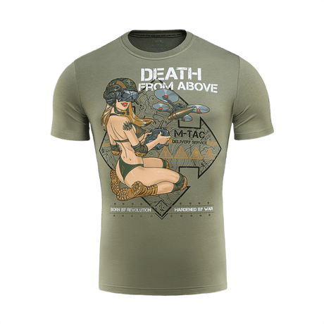 M-Tac T-Shirt Delivery Service inspireret af Pin-Up-kultur fra Anden Verdenskrig, med FPV-briller og droneprint, "Death from Above" tekst.