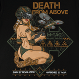 M-Tac T-Shirt Delivery Service med Pin-Up pige iført FPV-briller, kontrollerende drone, tekst "Death from Above". Taktisk skønhed og styrke.