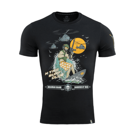 M-Tac T-Shirt Surf Club med specialstyrkesoldat design, sort trøje, inspireret af ukrainske operationer, bomulds-elastan blanding
