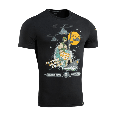M-Tac T-Shirt Surf Club med specialstyrkesoldat på surfbræt i krigsfilmtema, 93% bomuld, 7% elastan, premium MagnaColours® tryk.