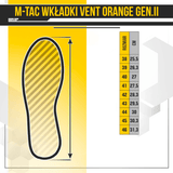 M-Tac Vent Sål Orange Gen.II indlægssåler med størrelse guide og designoversigt