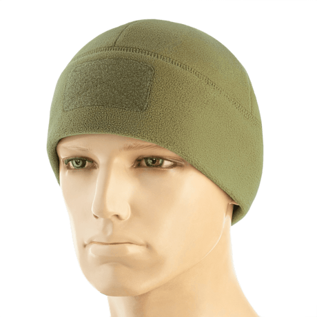 M-Tac Watch Cap Elite Fleece Beanie Hat Velcro i grøn, lavet af 100% polyester fleece, med velcro-panel til mærker. Ideel til koldt vejr.